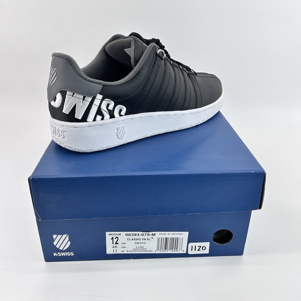 Black Leather Court Sneakers Mens 12 Minimalist Casual School Shoes K Swiss - Picture 2 of 11